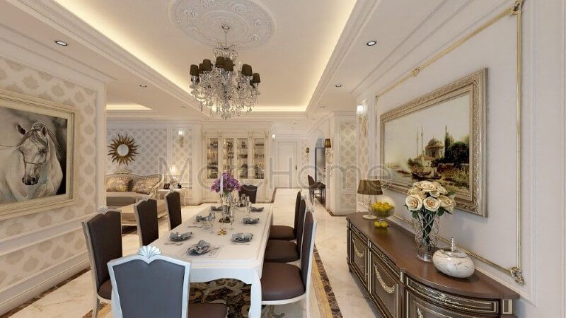 Mẫu bàn ghế ăn tân cổ điển sẽ giúp cho gia chủ dễ dàng hơn trong việc sử dụng bữa ăn của các thành viên trong gia đình, cũng như tiệc tiếp đãi những khách đến thăm nhà.
