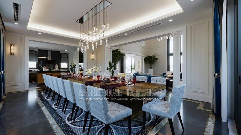 Trang trí nội thất phòng ăn bằng các đèn thả trần và đá hoa văn để tạo nên sự đẹp đẽ.